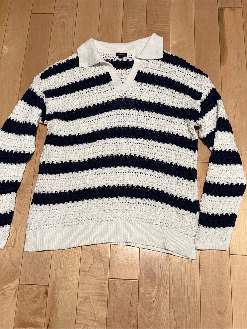 Talbots Striped V-Neck Polo Sweater - White & Navy